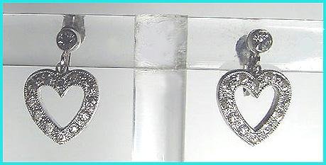 Antique Art Deco Collet-set Rhinestone & Sterling Heart Earrings