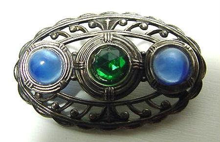 Art Deco Sterling And Blue and Green Stones Brooch