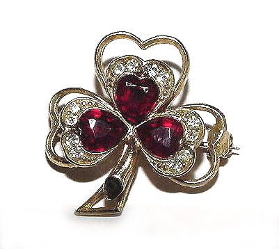 Vintage Clover Brooch - Red and Clear Rhinestones - Free USA Shipping