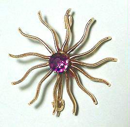 Victorian 14k Gold Sunburst Brooch with Amethyst