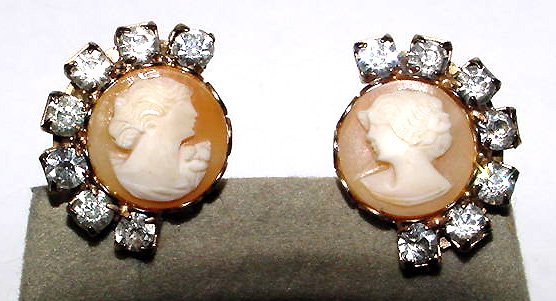 Vintage Shell Cameo and Rhinestones Earrings