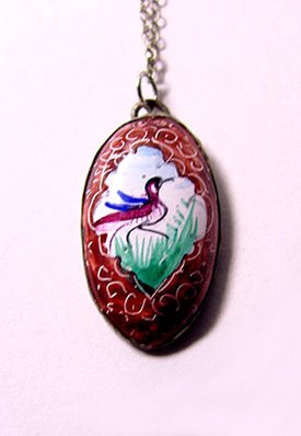Vintage Handpainted Persian Bird Pendant/ Necklace - Free USA Shipping