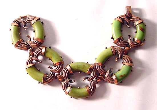 Rare Copper and Green Bakelite Bracelet Signed Charel