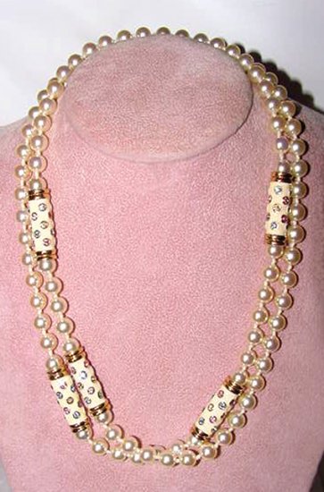 Sautoir Pearl Necklace with Enamel and Rhinestones - Free USA Shipping