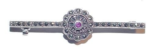 Art Deco Sterling Bar Pin With Marcasites and Ruby