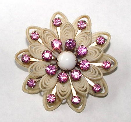 Vintage Celluloid and Pink Rhinestones Brooch - Free USA Shipping