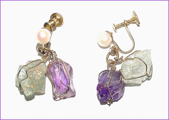Cultured Pearl, Amethyst & Aquamarine Earrings - Free USA Shipping