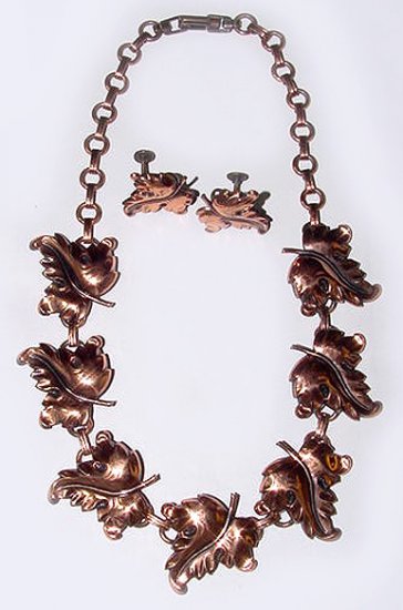1950s Copper Necklace and Earrings Grape Leaves Set
