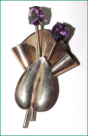 Retro Period Sterling Brooch With Amethyst Glass Stones - Free USA Shipping