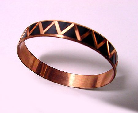 Vintage Copper Bangle with Black Enamel Design - Free USA Shipping