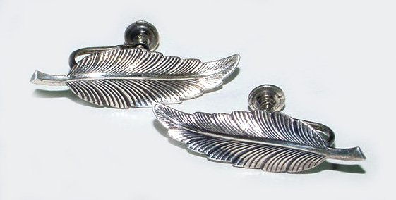 Vintage Sterling Figural Feather Screwback Earrings - Free USA Shipping