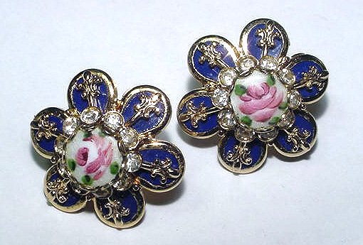 Vintage Handpainted Enamel Rose and Rhinestone Earrings - Free USA Shipping