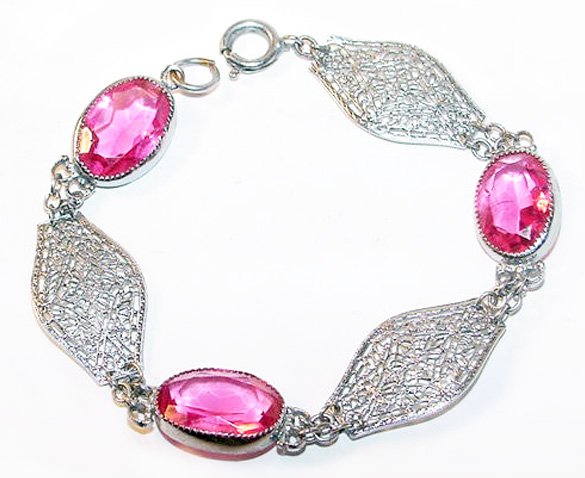 Art Deco Filigree and Pink Stones Link Bracelet - Free USA Shipping