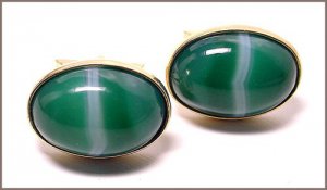 Green Striped Agate Gold Filled Vintage Cufflinks Signed Jaguar