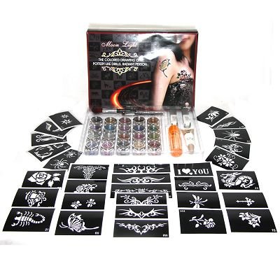 New Glitter/glimmer Tattoo kit 20 Colors/oil/brushes/gel/stencil