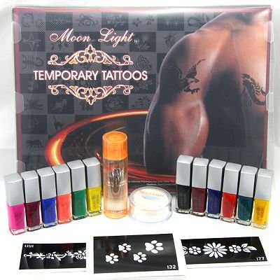 Body Art condensation liquid kit 12 gel/30stencil/powder temporary tattoos