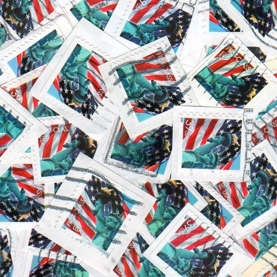 100 USA Used Lady Liberty and Flag postage stamps on paper bundle bundleware