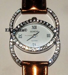 Dazzling Double C Crystal Stainless Steel Women's Watch With Bronze Leather Band - FREE SHIPPING