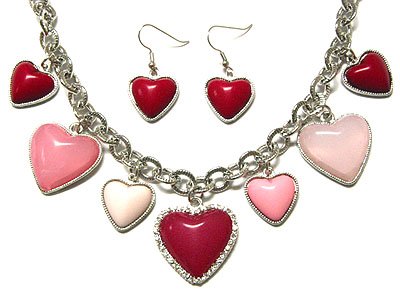 Art Deco Style Adorable Valentine Red Heart Necklace & Earring Jewelry Set