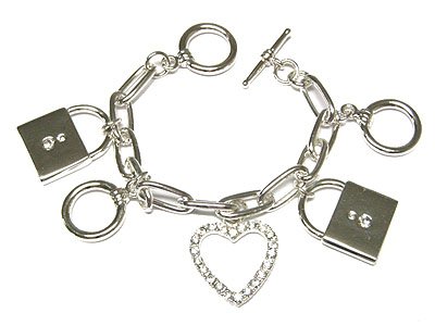 Beautiful Silver Rhinestone Heart and Padlock Charm Toggle Bracelet - FREE SHIPPING