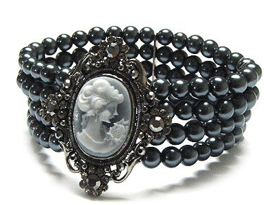 Crystal Frame Cameo and 3 Row Glass Pearl Stretch Bracelet - FREE SHIPPING