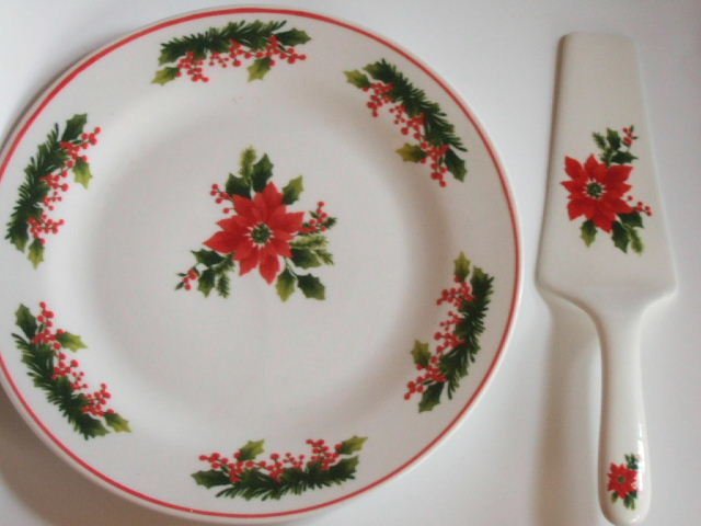 Christmas Cake Plate and Server Holiday Flowers