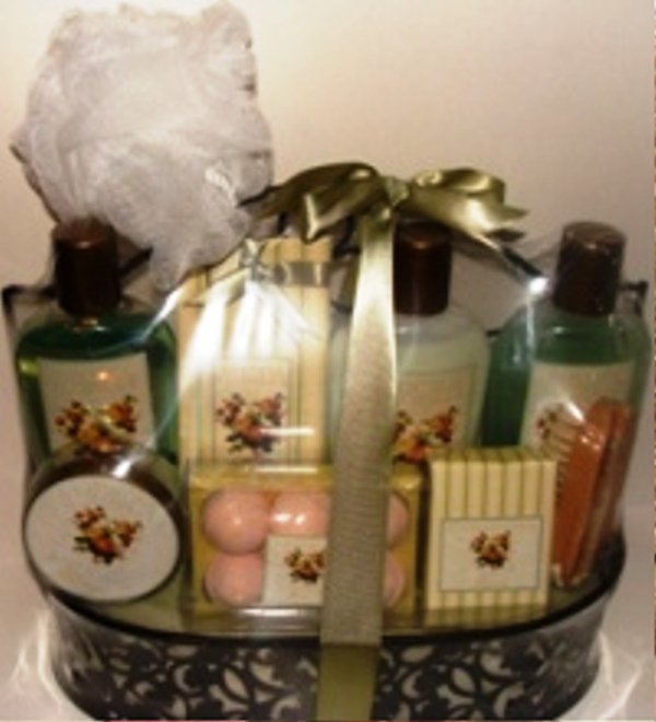 VINTAGE FLOWER 8 PC BATH SET W/ METAL CARRIER