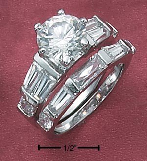 Cubic Zirconia Wedding Set 9mm Round Stone With Baguettes