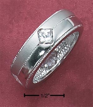 Sterling Silver Cubic Zirconia Satin & High Polish Diamond Band