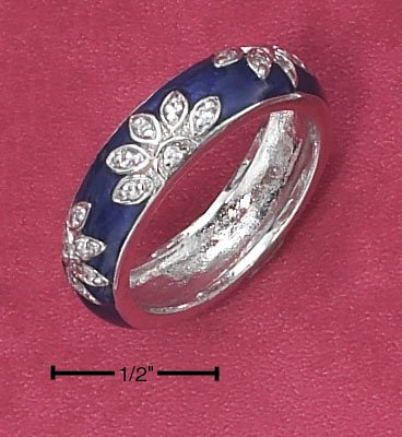 Sterling Silver Ring with Blue Enamel Flowers