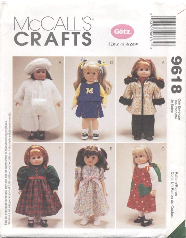 Doll Wardrobe, 18â American Girl or Gotz Type Dolls McCallâs Crafts 9618 NEW