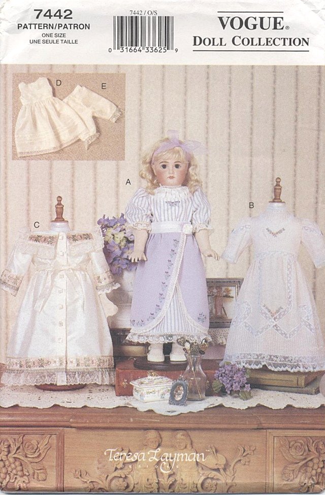 Heirloom Style Dresses with Lace and Pin Tucks for 18â Doll Vogue Doll Collection 7442 NEW