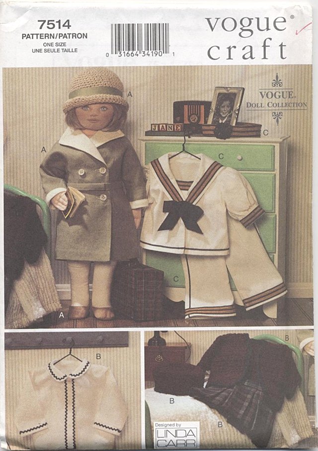 Doll 1930’s Vintage-styled Outfits, 18†Soft Type Dolls Vogue Craft 7514 NEW