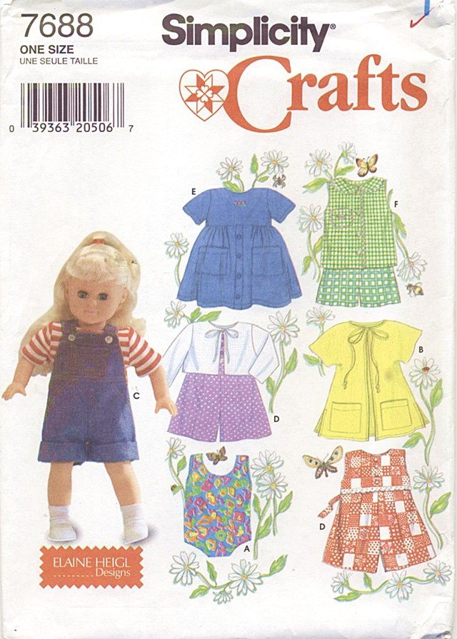 Little Girl Play Outfits, 18â American Girl Type Dolls Simplicity Crafts 7688 NEW