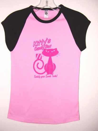 PINK & BLACK CAP SLEEVE RAGLAN KITTY'S CANDY BOX GRAPHIC T-SHIRT