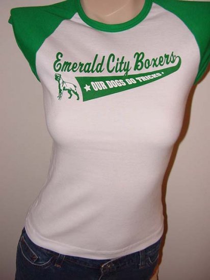 GREEN & WHITE CAP SLEEVE BOXER DOG GRAPHIC JERSEY T-SHIRT - "EMERALD CITY BOXERS"