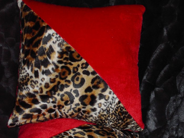 Two Leopard and Red Faux Fur Throw Pillow, Pillows NEW