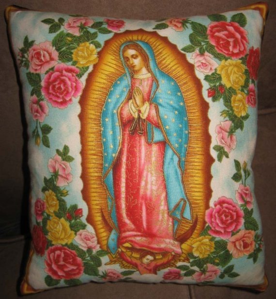 Virgin Guadalupe pillow blue with roses