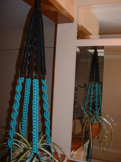 Macrame Plant Hanger TURQUOISE and BLACK 4 BLACK BEADS