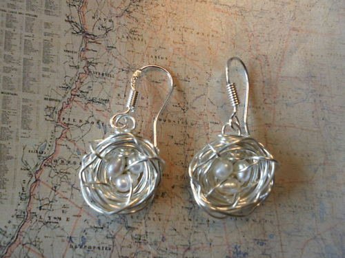 BIRD NEST EARRINGS TINY WHITE PEARLS Sterling Silver
