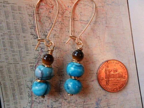 BLUE AGATE AND TIGER EYE GOLD Earrings 20
