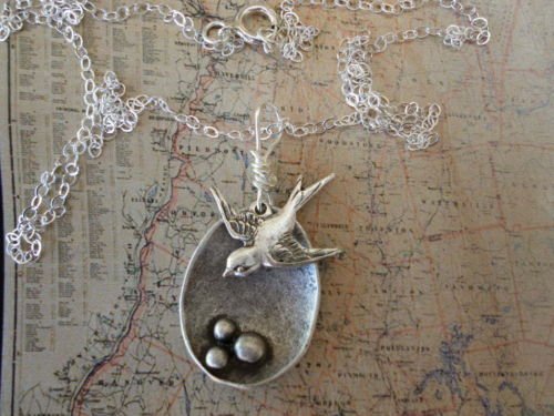 Sparrow Bird Nest MAMA Bird Necklace Sterling Silver