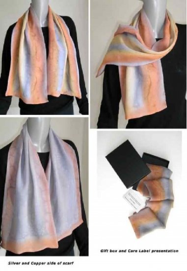 Hand Painted Silk Scarf, Chiffon, Silver Copper Gold, Reversible
