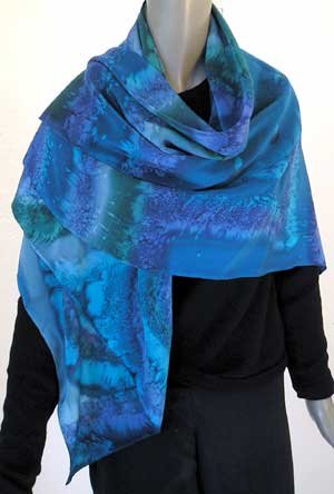 Hand Painted Silk Crepe Scarf Shawl Wrap, blue, lapis, Emerald, Teal, fashion by Jossiani