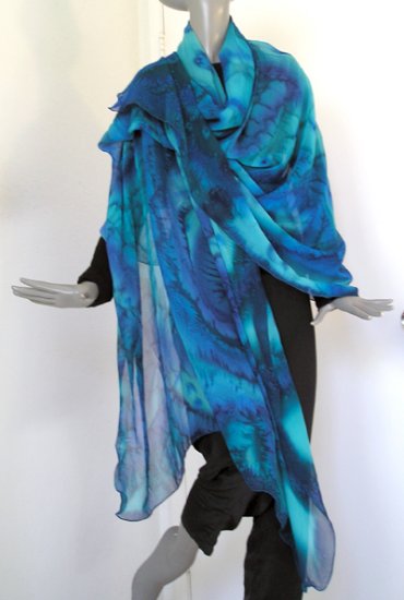 Hand Painted Silk Chiffon Shawl, Wrap - Blue, Lapis, Emerald, Turquoise