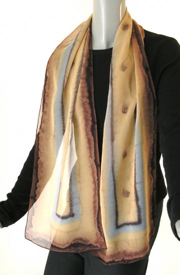 Brush Dyed Painted Silk Long Chiffon Wrap Scarf by Jossiani, Gold Chocolate Tan Cornelian Grey