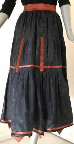 Unique Gipsy Skirt Black Grey Painted Silk, Burnt Orange Satin Belt Trims Ribbons