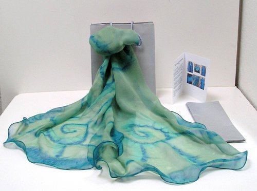 Hand Painted Wrap, Blue Coverup, Hand Dyed Scarf, Silk Chiffon Shawl, Jade Green Blue, Jossiani