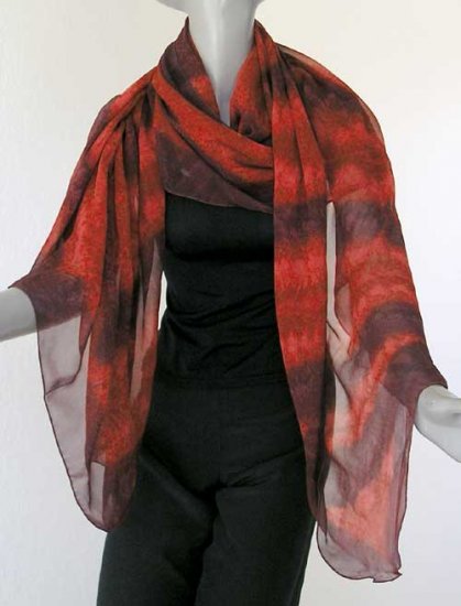 Unique Hand Painted Silk Chiffon Shawl Wrap, Venetian Red, Maroon, Burgundy - Hand Dyed by JOSSIANI