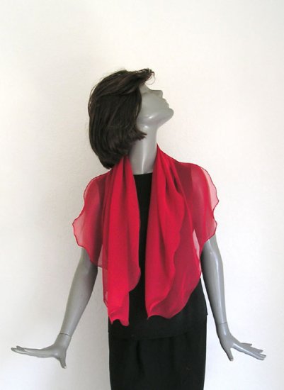 True Red Silk Scarf, Chiffon Coverup, Sheer Red Shoulder Wrap, Artisan Handmade, Ready to Ship.